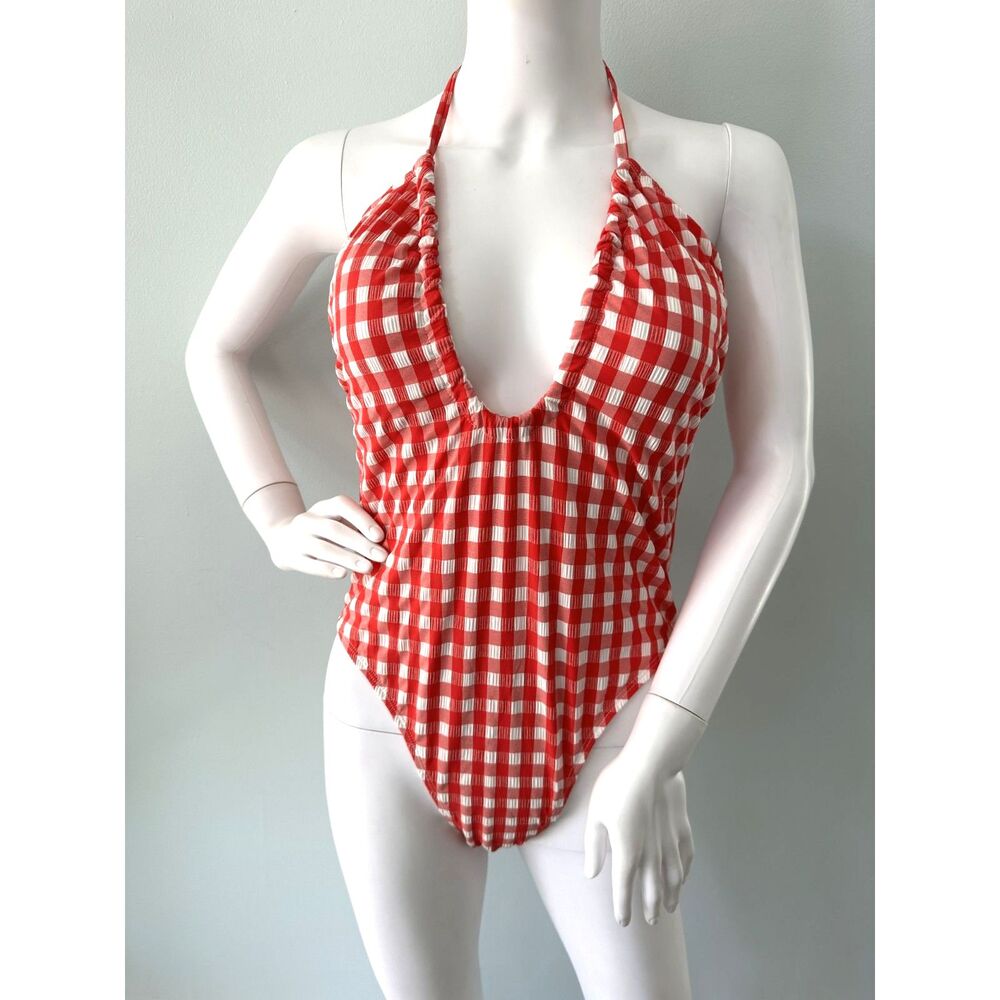 NWD Wild Fable Red Gingham One Piece Swimsuit Halter Plunge Neck High Cut size M